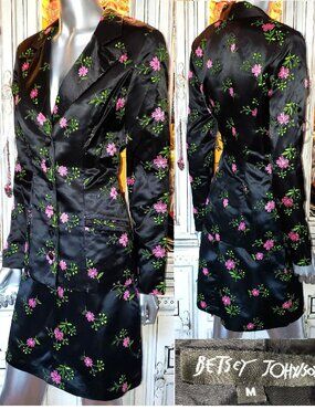 Vintage Betsey Johnson 90s Black Floral Embroidered Dress Coat Jacket Skirt Suit